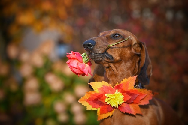 Bassotto rosso con un fiore in bocca