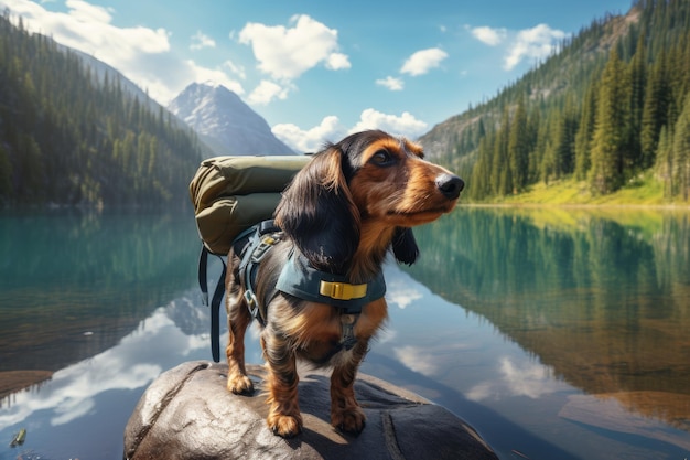 bassotto viaggiatore con zaino sulla riva di un lago di montagna