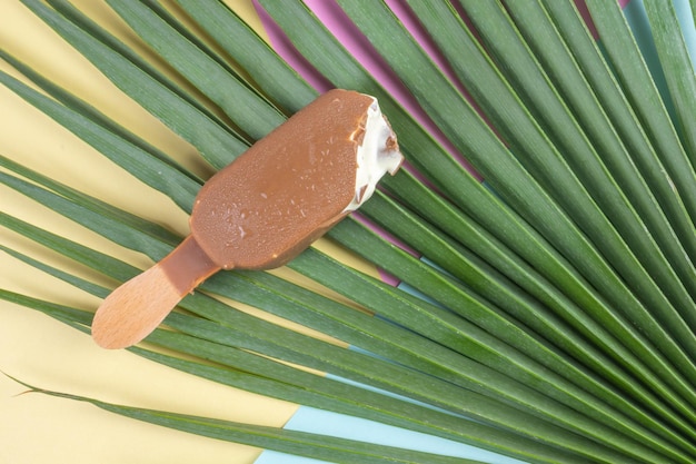 Bastoncino di gelato alla vaniglia con rivestimento di cioccolato al latte su un bastoncino di legno foglia di palma e ba colorata