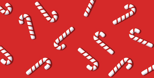 Bastoncino di zucchero con motivo piatto su sfondo rosso brillante Illustrazione della composizione natalizia in 3D