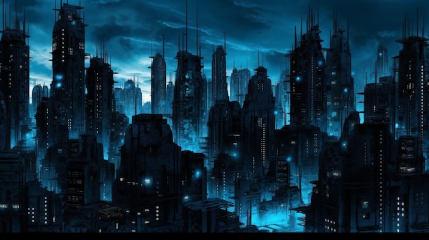 Batman, il paesaggio urbano del film d'animazione con un'intelligenza artificiale generativa sullo sfondo del cielo scuro