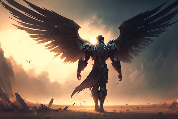 Battaglia arcangelo guerriero in armatura Grandi ali sulla schiena Angelo della vendetta sul campo di battaglia Messaggero di Dio