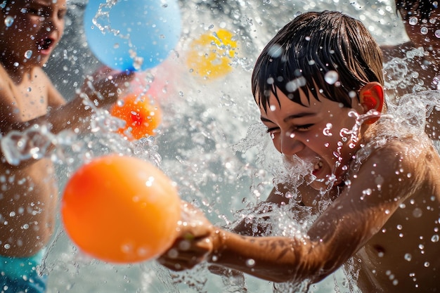 Battaglia di palloncini d'acqua in una fotografia di un giorno caldo