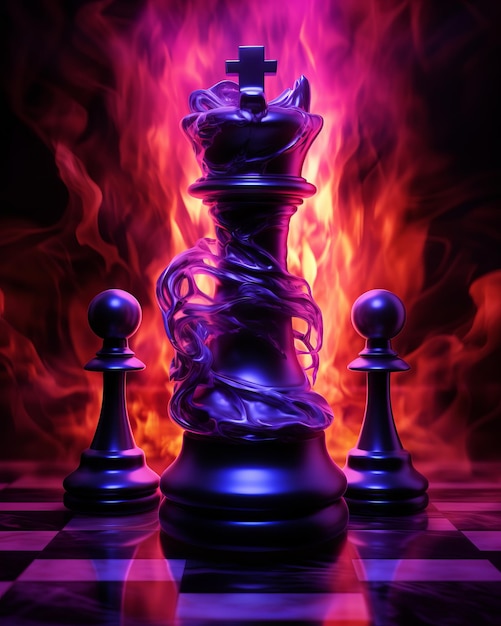 Battaglia di scacchi su una scacchiera con fiamme sullo sfondo