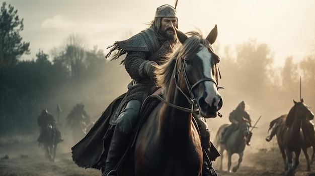 Battaglia medievale Gruppo di cavalieri in armatura a cavallo Generativo Ai