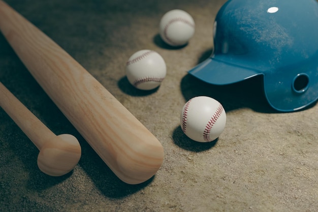 Batte da baseball, palle e caschi a terra. Rendering 3D.