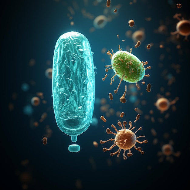 Batteri e microbi in uno sfondo scuro nello stile di viola chiaro e smeraldo chiaro