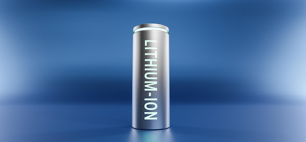 Batteria agli ioni di litio con livello di potenza completamente carico su sfondo blu, rendering 3D illustrazione della tecnologia di ricarica di potenza del dispositivo di accumulo di energia al neon agli ioni di litio