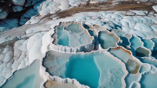 Battito aereo vedere Pamukkale Turchia travertino piscine cantieri natura con acqua blu Risorsa creativa AI Generato