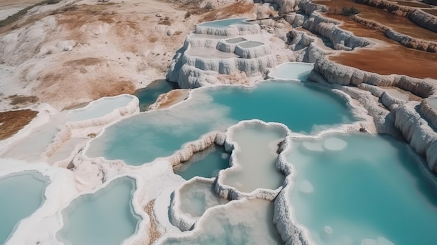 Battito aereo vedere Pamukkale Turchia travertino piscine cantieri natura con acqua blu Risorsa creativa AI Generato