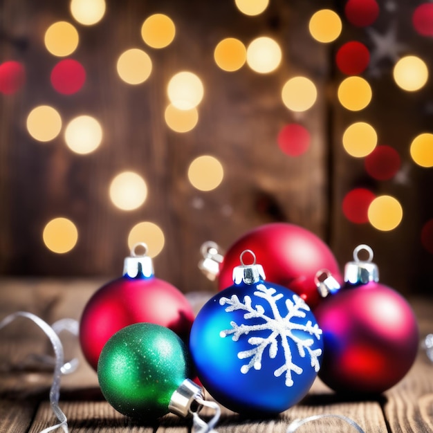 Baubles natalizie luci festive e scintillanti su uno sfondo di legno