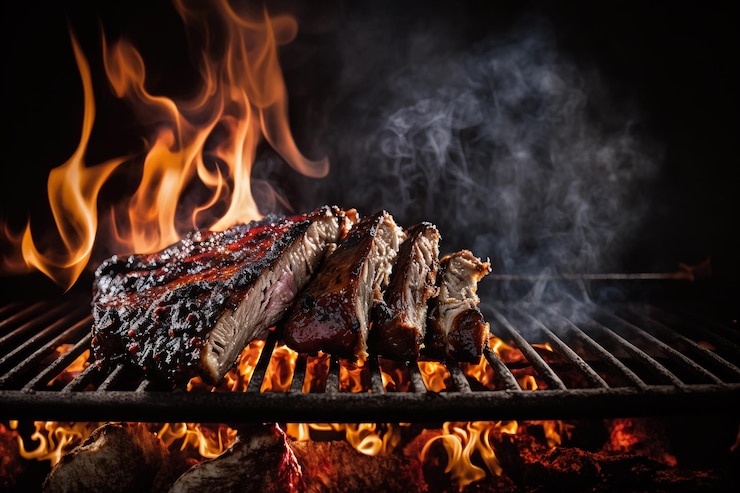 Foto bbq carne alla griglia sfondo scuro fumo fuoco bistecche di manzo alla griglia con fiamme generazione ai