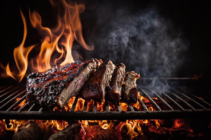 BBQ carne alla griglia sfondo scuro fumo fuoco Bistecche di manzo alla griglia con fiamme Generazione AI