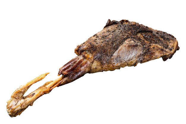 BBQ Coscia di montone di agnello arrosto con erbe e spezie su una griglia isolata su sfondo bianco