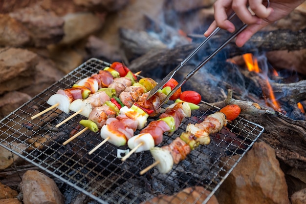 BBQ / Steak Meat Roast on a fire naturale Atmosfera da campeggio.