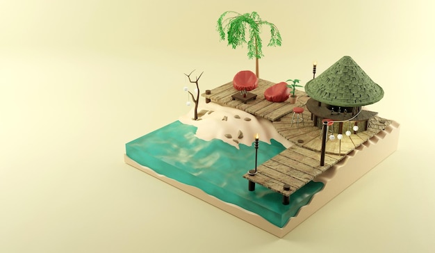 Beach Bar su una bellissima isola tropicale3D rendering