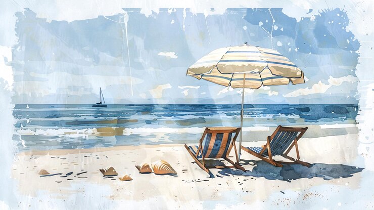 Beach chairs and umbrella on white sand with blue sky background summer vacation concept