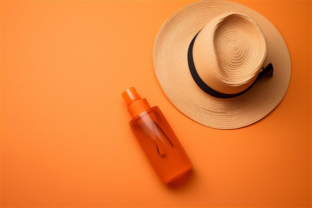 Beach essentials flat lay cappello di paglia e crema solare olio o lozione su sfondo arancione brillante