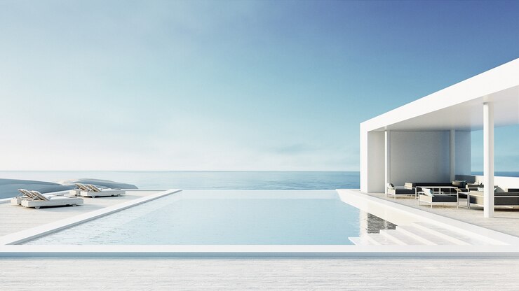 beach lounge piscina all'aperto e interni di lusso / rendering 3D