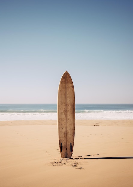 Beach Vibes Una tavola da surf che si riposa graziosamente sulla spiaggia sabbiosa Generative A