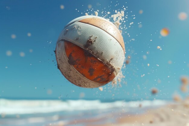 Beach Volleyball Frozen in MidAir Action Shot Un primo piano dinamico di una beach volleyball sospesa in aria con uno sfondo blu limpido