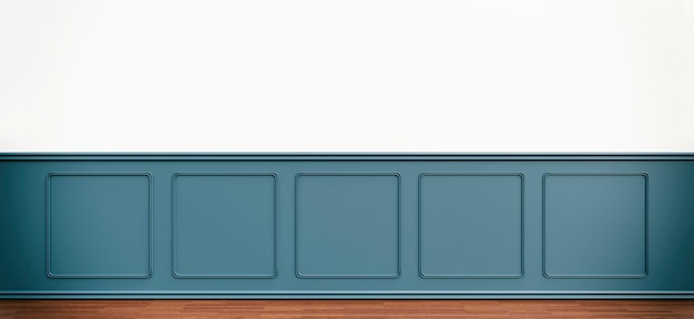 Beadboard wainscot decorazione blu vuota parete bianca e pavimento in legno Disegno interno della stanza 3d rendering
