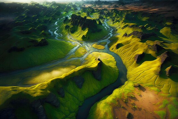 Beaful verdi colline e canyon nel fiume aereo dell'islanda