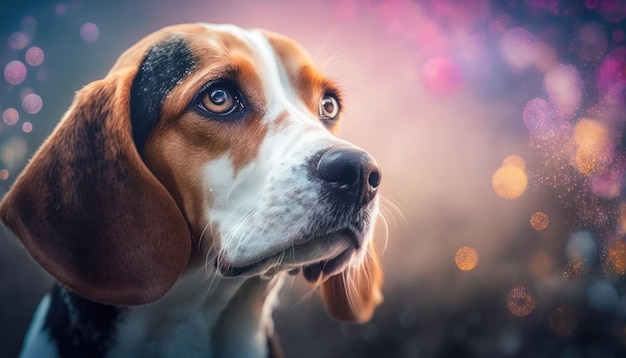 Beagle Cane Piano medio Bianco Rosa Blu Fantasia magica Bokeh IA generativa