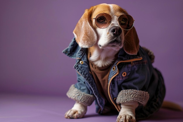 Beagle con abiti e occhiali da sole su sfondo viola