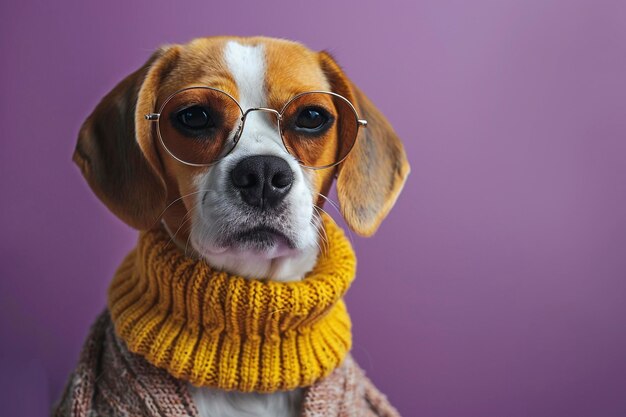 Beagle con abiti e occhiali da sole su sfondo viola