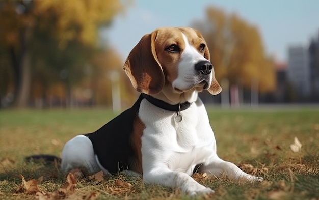 Beagle è seduto sull'erba nel parco professionale pubblicità post foto ai generato
