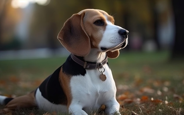 Beagle è seduto sull'erba nel parco professionale pubblicità post foto ai generato