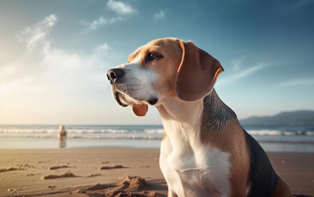 Beagle è seduto sulla spiaggia pubblicità professionale post foto ai generato
