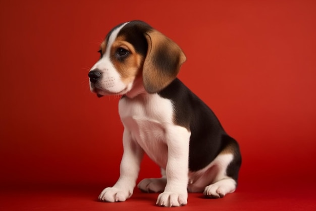 Beagle tricolore cucciolo è in posa carino whitebraunblack cagnolino o animale domestico sta giocando su sfondo rosso sembra attento e giocoso studio photoshot concetto di movimento movimento azione spazio negativo