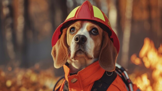 Beagle vestito in un'uniforme di pompiere pronto per le missioni di soccorso