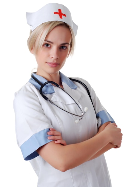 Beautiful nurse with stethoscope on white background