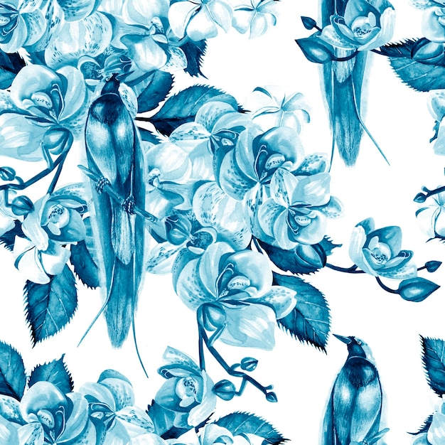 Beautiful watercolor pattern with orchid flowers plumeria tropical leaves and bird