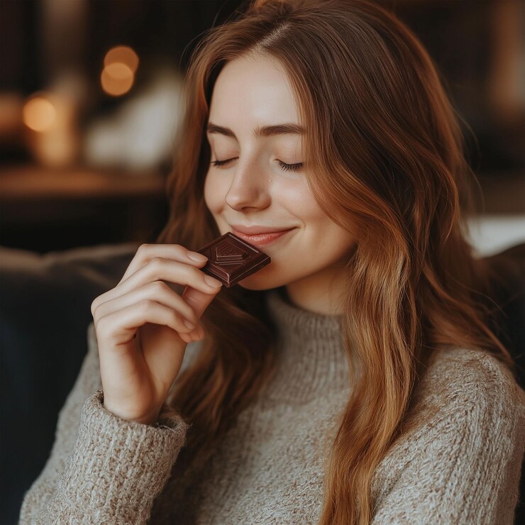 Beautiful young woman smiling and eating a chocolate bar while standing at an outdoor cafe