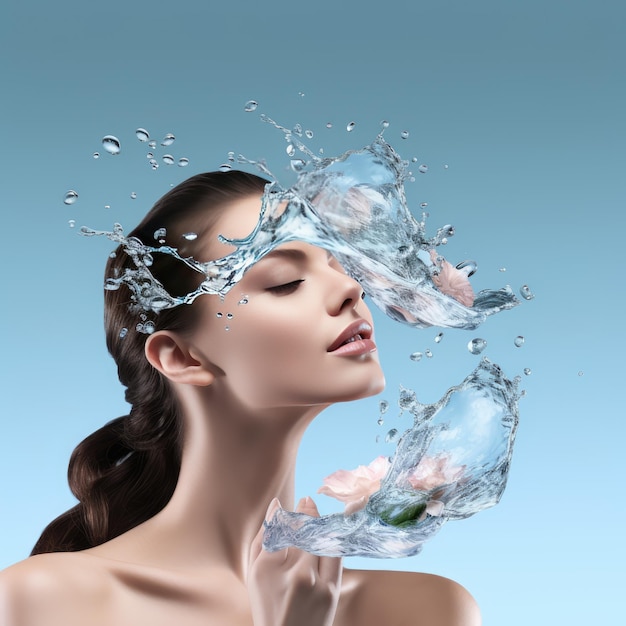 Beauty Enhanced Captivating 4k Upscaled Water Splash Portrait con una modella che mostra la cura della pelle