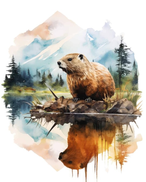 Beaver Doppia esposizione di un castoro e montagne naturali alberi in acquerello