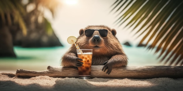 Beaver è in vacanza estiva in località balneare e si rilassa sulla spiaggia estiva