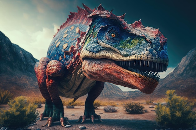 Becklespinax Dinosauro pericoloso colorato nella lussureggiante natura preistorica di Generative AI