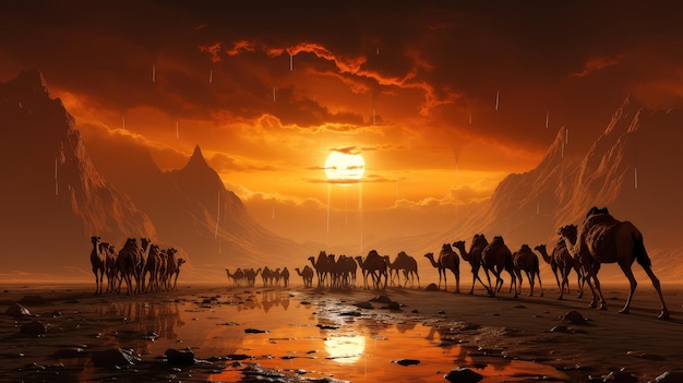 Beduini con cammelli incontrano l'alba nel deserto primo piano estremo IA generativa