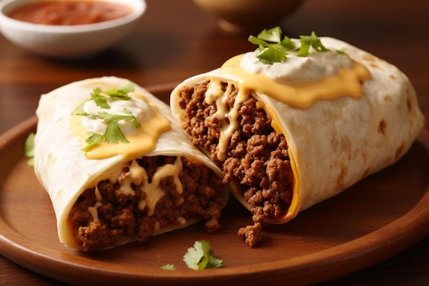 Beef Machaca Burritos con fagioli fritti e formaggio