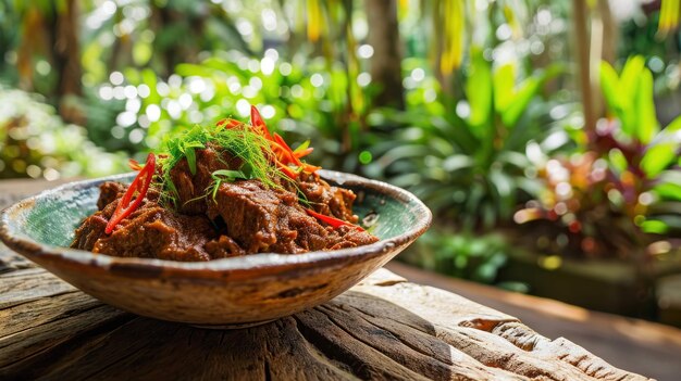 Beef Rendang sullo sfondo di un giardino tropicale