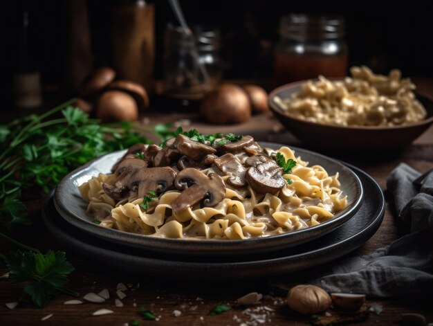 Beef Stroganoff in una cucina rustica Fotografia alimentare