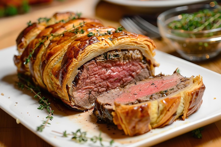 Foto beef wellington ideale presentato con un guscio di pasticceria croccante e manzo perfettamente grigliato su un vassoio bianco questo pasto trasuda un ricco profumo carnoso e piccante