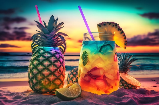 Bei cocktail esotici freschi serviti sulla spiaggia Rete neurale generata dall'intelligenza artificiale