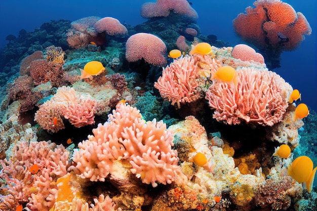 Bei coralli sotto la vista sul mare di immersione subacquea dell'acqua blu