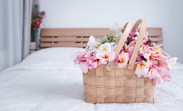 Bei fiori del frangipane in un cestino di legno